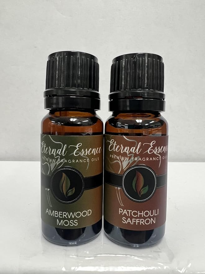 Eternal Essence Oils 2 Pack 10ml Premium Fragrance Oil - Amberwood Moss & Patchouli Saffron - for Candle, Soap Making, Aromatherapy, Diffusers, Home Care, & Humidifiers EternalEssenceOils