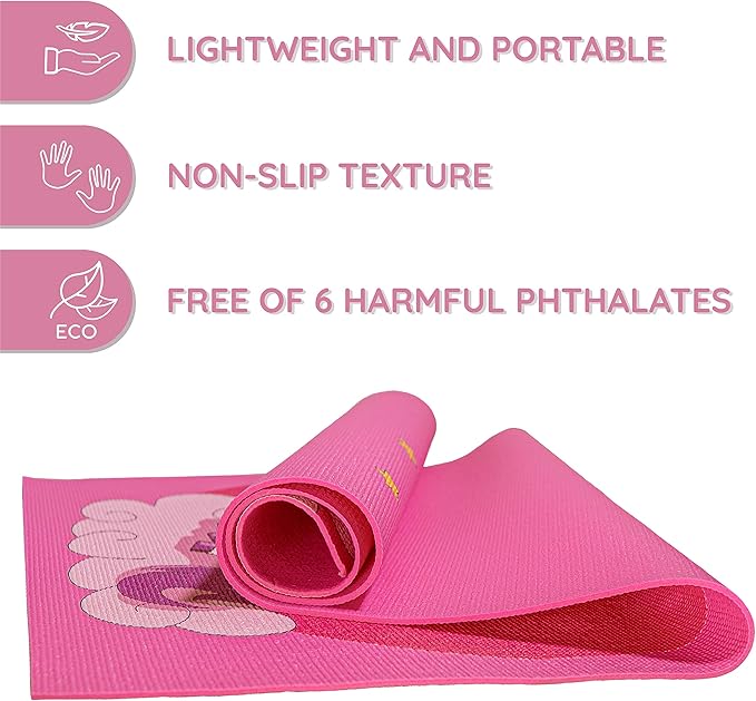 Kids Yoga Mat Set for Boys & Girls - Doll, Unicorn, Mermaid, Panda, Dinosaur and UnderWater - Chemical Free - Non-Toxic - Non-Slip - 60 X 24 X 0.2 Inches - w/ 12 Yoga Cards - Cute Carrier Bag - Ages 3-12 - Bloomnest