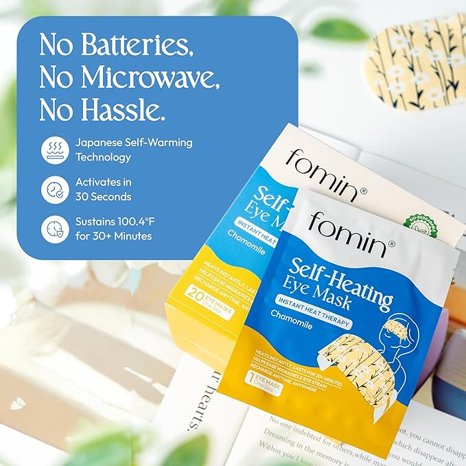 Fomin Self Heating Eye Mask - 20 Pack - Chamomile Heated Eye Mask Warm Compress for Eyes, Disposable Self Heating Steam Mask for Home, Sleep, Spa, Travel Essentials & Relaxation Gifts for Women