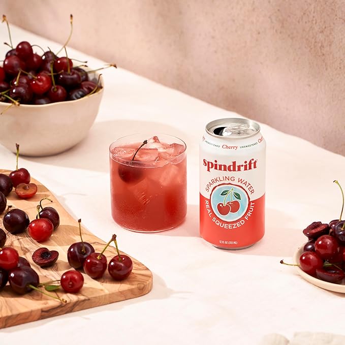 Spindrift Sparkling Water, Cherry Flavored, Made with Real Squeezed Fruit, 12 Fl Oz Cans, Pack of 24 (Only 21 Calories per Can) - Bloomnest
