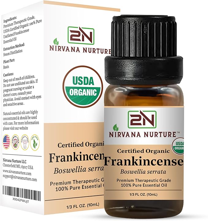 Frankincense Essential Oil, USDA Certified Organic, 100% Pure Undiluted, Aromatherapy Oil for Diffuser, Hair & Skin Care NirvanaNurture