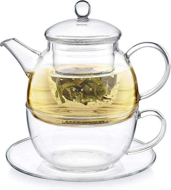 Teabloom Mindful Tea-for-One Set – 5-Piece Glass Teapot, Matching Cup & Saucer, Borosilicate & Stainless Steel Infusers, Elegant Gift for Personal Tea Rituals - Bloomnest