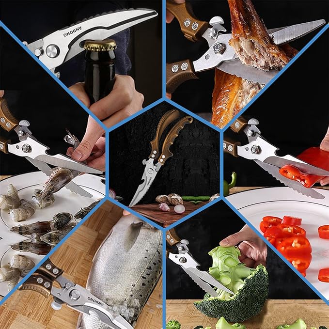 ANDONG Kitchen Shears - Heavy Duty Stainless Steel Poultry, Meat & Bone Scissors with Black Leather Sheath for Food - Bloomnest