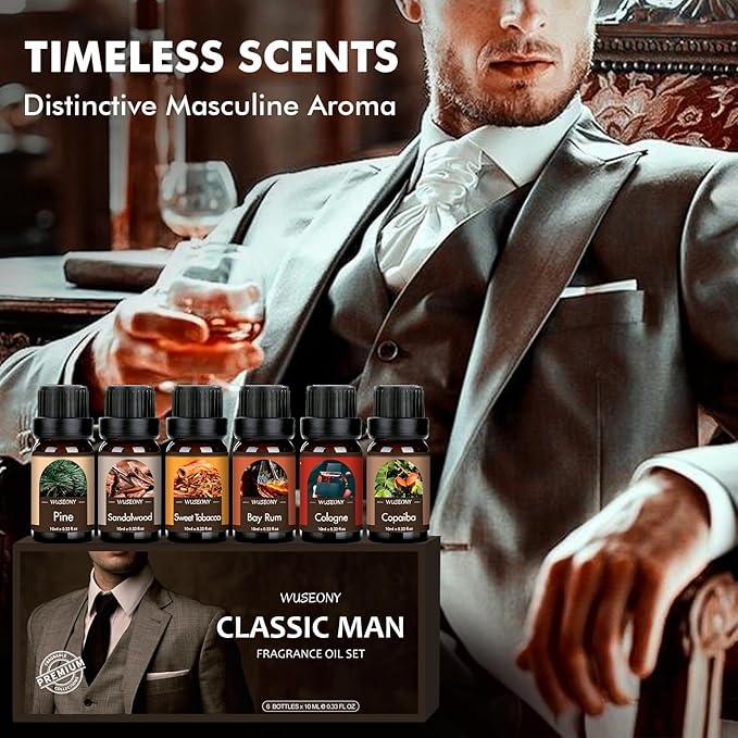Classic Man Fragrance Oils Set, Mens Essential Oils Set - Pine, Sweet Tobacco, Bay Rum, Cologne, Copaiba, Sandalwood Candle Scents for Candle Making, Soap Making Supplies, Diffuser Oil Scents - Bloomnest