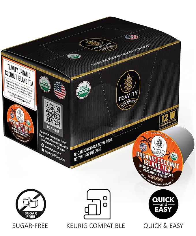 TEAVITY Organic Coconut Island Tea Pods | Recyclable Single-Serve Tea Pods Compatible with Keurig K-Cup 2.0 Brewers | Certified USDA Organic | 36 Count (Pack of 1) - Bloomnest