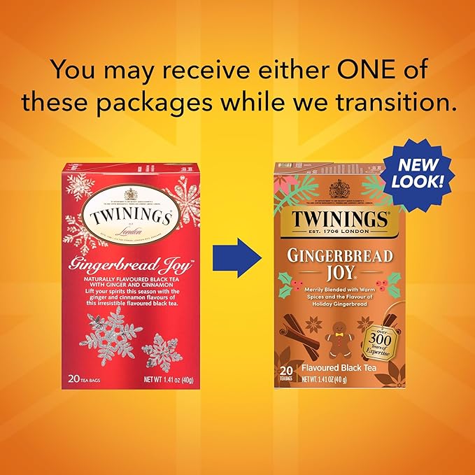 Twinings Gingerbread Joy Black Tea Individually Wrapped Bags, 20 Count (Pack of 3), Ginger & Cinnamon, Caffeinated, Enjoy Hot or Iced | Packaging May Vary - Bloomnest