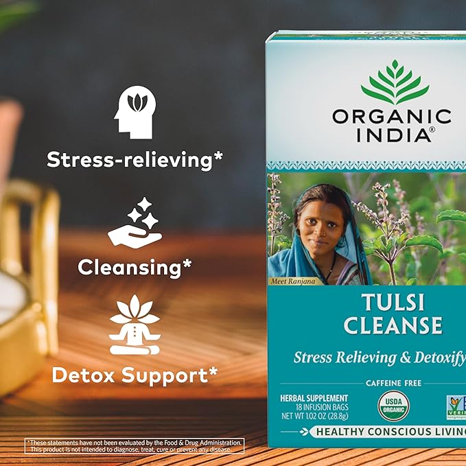 ORGANIC INDIA Tulsi Cleanse Tea - Holy Basil, Ginger, Turmeric, Herbal Tea, Stress Relieving & Cleansing, Immune Support, Adaptogen, Organic, Non-GMO, Caffeine-Free - 18 Infusion Bags, 3 Pack - Bloomnest