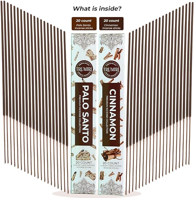 Trumiri Incense Sticks - Combo Pack of 40 Insence-Sticks - 20 Palo Santo + 20 Cinnamon - Insenses - Insents - Incents - Inscense - Incence - Incienso - All Natural Incense Sticks TRUMIRI