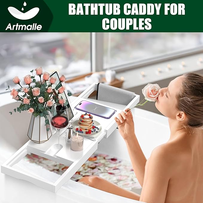 Artmalle Bathtub Tray for Tub, Expandable Bamboo Bath Caddy Tray with Book Holder for Home Spa Relaxing, Foldable Minimalist Bathroom Accessories for Women Men (Simple, White) - Bloomnest