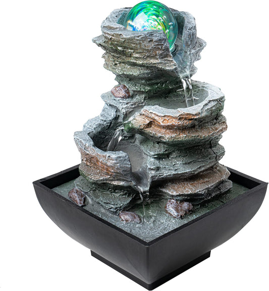 Father'sDen Tabletop Water Fountain-Indoor Waterfall-Desk Fountain-Audible Relaxing Waterfall Sounds from mini Water Feature with Inspiring LED Colors from Spinning Glass Ball