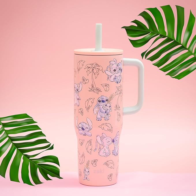 Zak Designs Disney Sutton Travel Tumbler for On the Go, 30oz Stainless Steel with Vacuum Insulation, Silicone Straw, and Carry Handle for Cold Drinks (Stitch, Angel) - Bloomnest