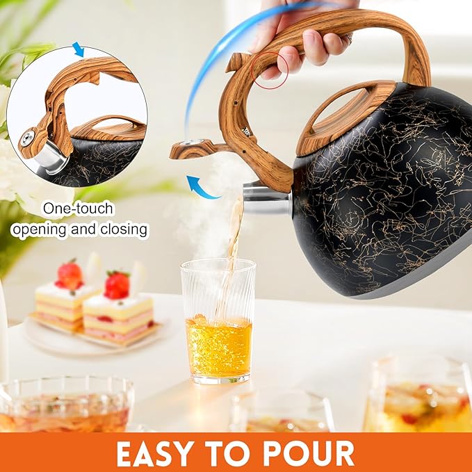 GGC Tea Kettle for Stove Top, Loud Whistling Kettle for Boiling Water Coffee or Milk, 3.1 Quart Stainless Steel Art Line Black Kettle with Wood Pattern Handle, Unique Button Control Kettle Outlet - Bloomnest