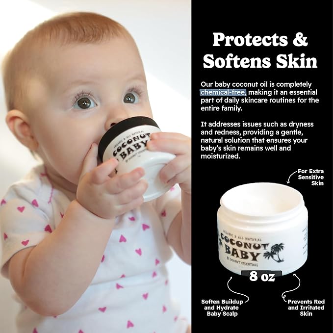 Coconut Essentials COCONUT BABY Oil, Natural & Organic Moisturizer for Newborn Sensitive Skin, Eczema & Psoriasis Relief, Hair Oil for Cradle Cap Treatment, Unscented, Sunflower & Grape Seed 8 fl oz - Bloomnest