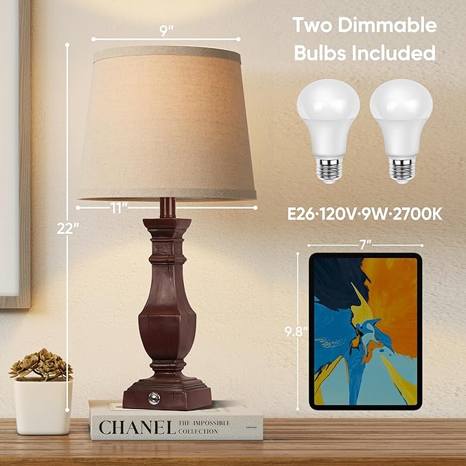 ROTTOGOON Dimmable Table Lamps Set of 2, Rustic Farmhouse Table Lamps for Living Room Bedroom, Bedside Desk Lamps for end Tables, Touch Lamps for nightstand, 9W Bulbs Included, 22", Antique Red - Bloomnest