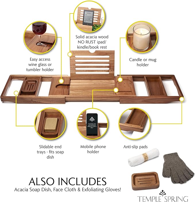 Temple Spring Wooden Bathtub Tray, Acacia Bathroom Accessories, Bath Tray for Tub, at Home Spa Essentials, Board for Tub Table, Bath Caddy for Bathtub Accessories & Bathroom Essentials - Not Teak - Bloomnest