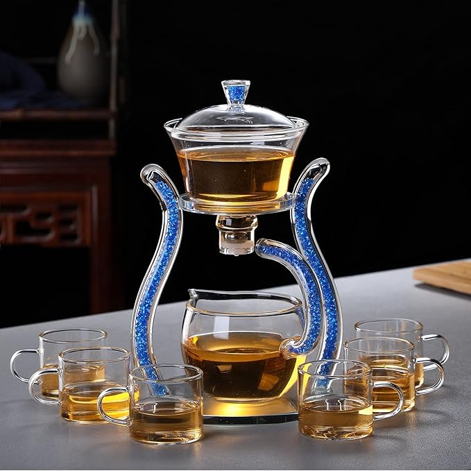 RORA Lazy Kungfu Glass Tea Set Semi Automatic Drip Rotating with Infuser Glass Teapot Set (6 cups) - Bloomnest