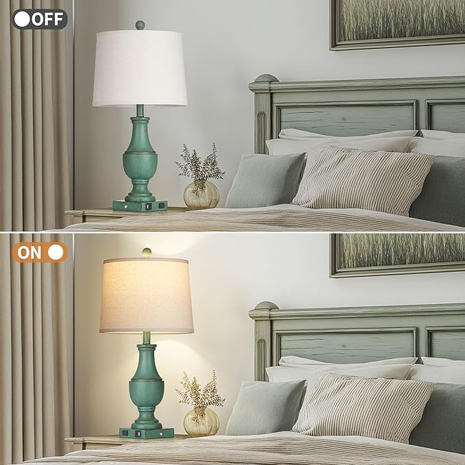 Farmhouse Table Lamp Set of 2, Rustic Touch Control 3-Way Dimmable Lamps with USB A+C Charging Ports & AC Outlet, Vintage Retro Antique Bedside Lamp for Living Room Bedrooms Nightstand Green - Bloomnest
