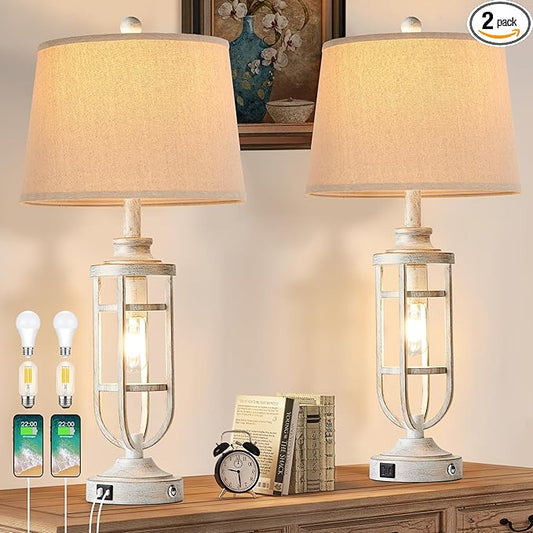 28" Table Lamps for Living Room Set of 2, Farmhouse Touch Lamps for Nightstand with USB A+C, Vintage Bedside Lamps for Bedroom End Tables, Bulbs Included - Bloomnest
