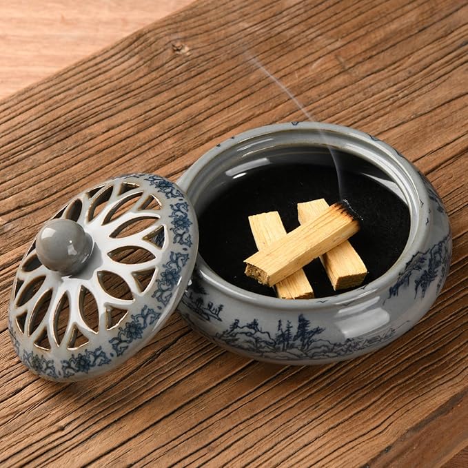 Ceramic Incense Burner with Holder for Stick/Coil Incense,Sage Cones and Mosquito Incense Handmade Smudging Burn Bowl for Cleansing Negative Indoor Energy and Other Incense Rituals, Cyan - Bloomnest