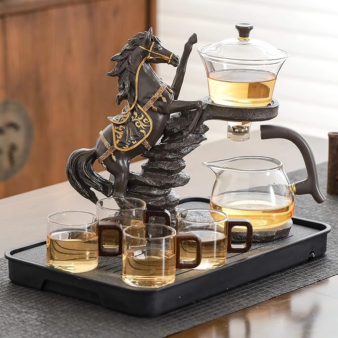 Glass Kungfu Teapot Set Tea maker with Infuser Semi Automatic Tea Set (Brown horse) - Bloomnest