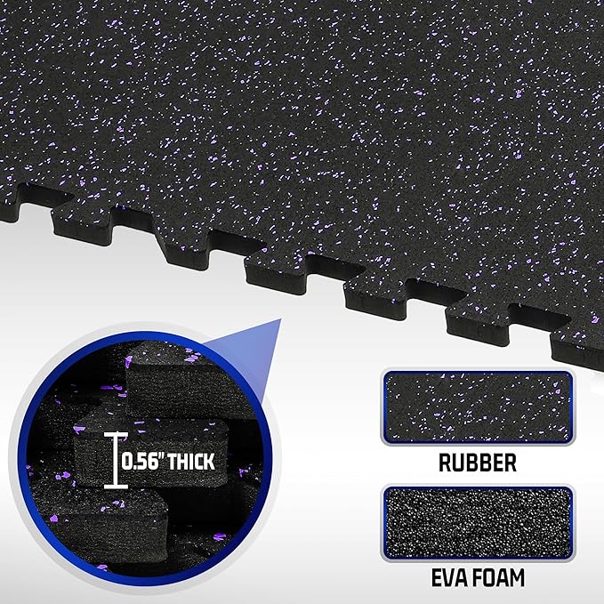 SUPERJARE 0.56'' Thick 24 Pcs 96 Sq Ft Rubber Top Exercise Equipment Mats, High Density EVA Foam Mats with Rubber Top, Interlocking Gym Flooring for Home Gym, Protective Workout Mat, Black/Purple - Bloomnest
