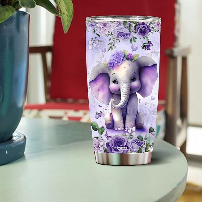 Personalized Elephant Tumbler Customized Name Elephants Mug Gift Mugs Funny Gifts For Adults Purple Flowers Cups 20oz Insulated Stainless Steel Coffee Cup With Lid - Bloomnest