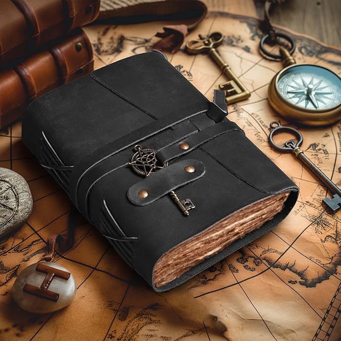 LEATHER VILLAGE Leather Bound Vintage Journal for Women & Men - 7"X5"(A7), Distressed Black, 200 Pages of Handmade Deckle Edges Watercolor Paper - Antique Lock Closure - Book of Shadow - Bloomnest