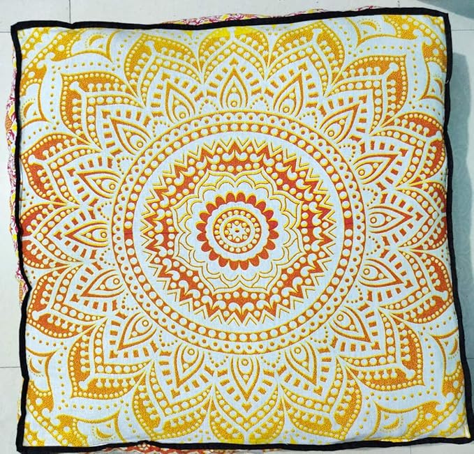 INDIAN CRAFT CASTLE 24" Yellow Ombre Mandala Barmeri Large Floor Pillow Cover Cushion Meditation Seating Ottoman Throw Cover Hippie Decorative Zipped Bohemian Pouf Ottoman Pom Pom Cases 24" Square - Bloomnest