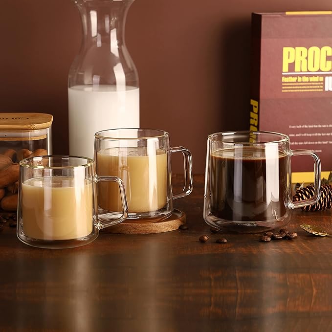 CNGLASS 12oz Glass Coffee Mugs,Double Wall Insulated Glass Cups with Handle,Clear Espresso Mugs for Latte,Cappuccino,Tea Bag,Set of 4 - Bloomnest