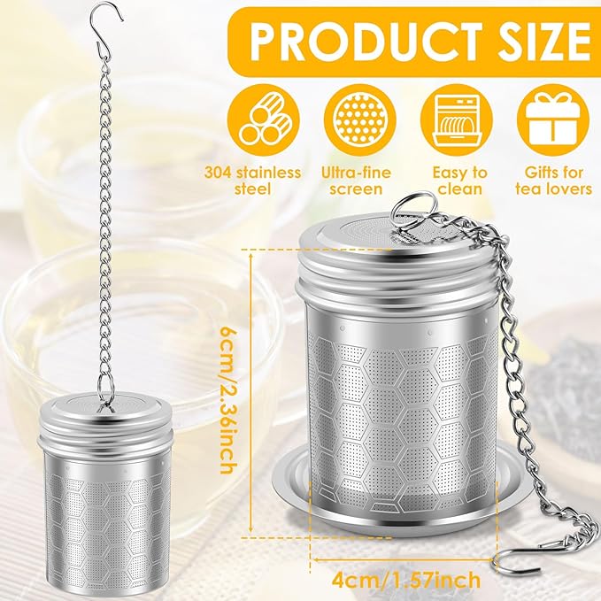 2PCS Tea Infuser Strainers with Drip Tray 304 Stainless Steel Tea Filter Strainer with Chain Hook Fine Mesh Tea Infuser Steeper Reusable Tea Strainers Easy to Use for Loose Tea Mulling Spices