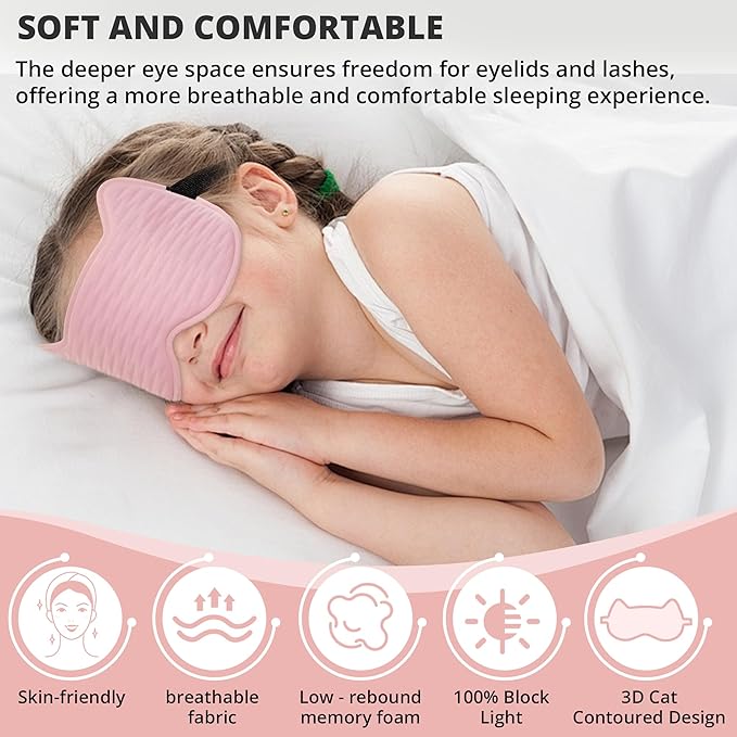 3D Kids Sleep Eye Mask: 3D Contoured Cup Sleeping Masks, Blindfold Sleep Eye Cover with Adjustable Strap, Memory Foam Lightweight Night Eyeshade for Boys Girls Teens (Pink) - Bloomnest