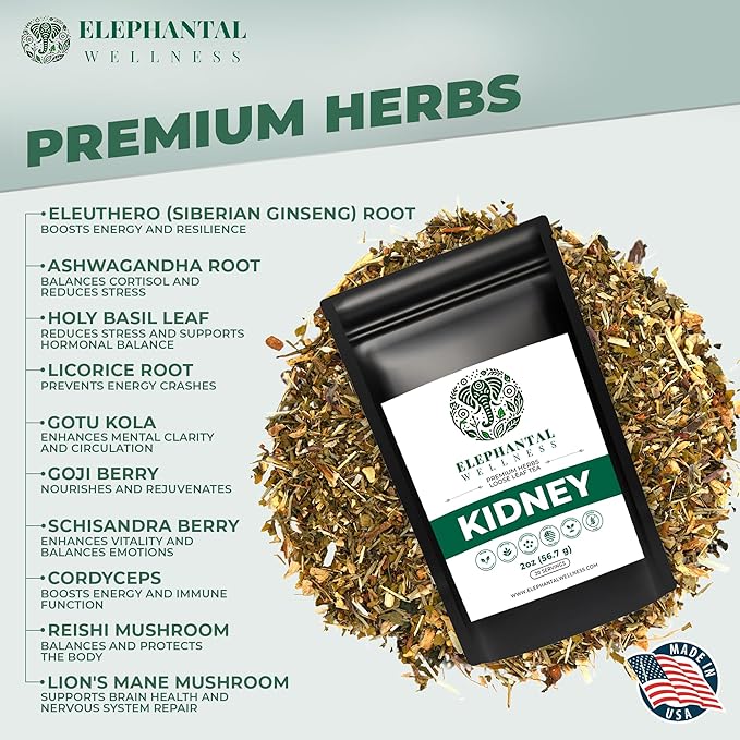 Elephantal Wellness Premium Kidney Herbal Tea | Urinary Tract & Kidney Support with Dandelion, Gravel Root, Goldenrod & Marshmallow | Handmade, Caffeine-Free, Non-GMO Loose Leaf Blend, 2oz, 20 Servings - Bloomnest