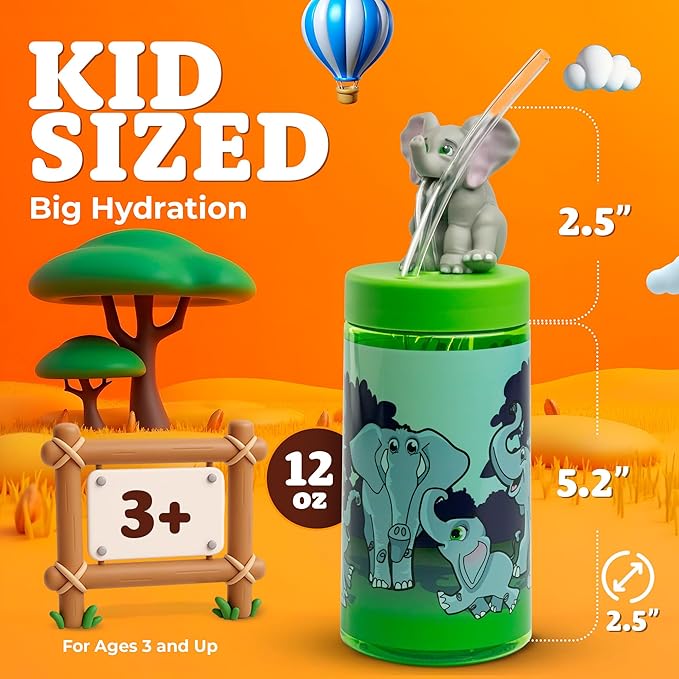 Kids Water Bottle, Toddler Cups, Tumbler with Lid and Straw, Travel Sippy Cup for Water or Milk, Kids Cups with Lids for Toddlers 3 and Up, BPA Free Plastic, 12 oz (Trend Zoo Elephant) - Bloomnest