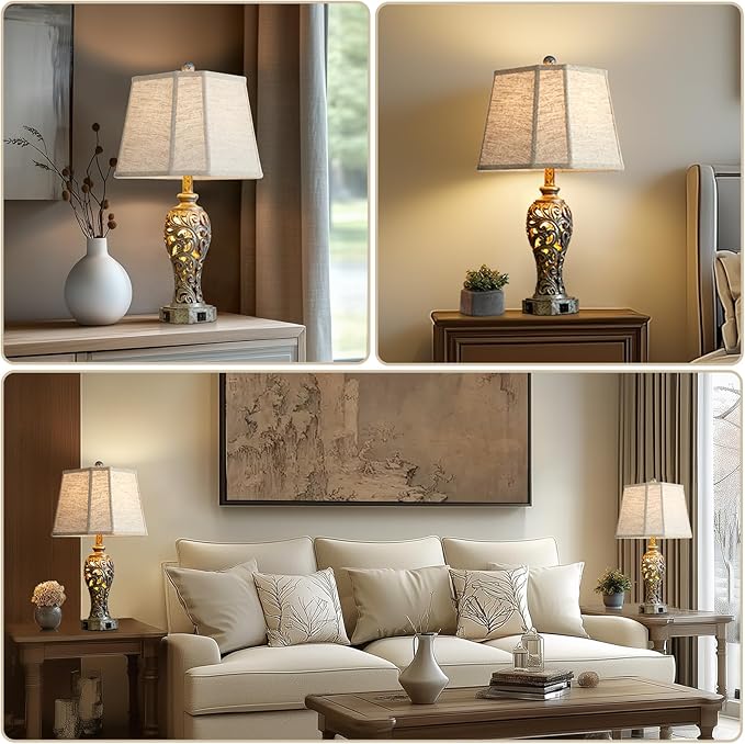 Vintage Table Lamps Set of 2 for Living Room Bedroom, 2 USB Ports 25'' Rustic Farmhouse Desk Lamp with Nightlight, Iron Gray Hollow Out Resin Lamp for End Table (Bulbs Included) - Bloomnest