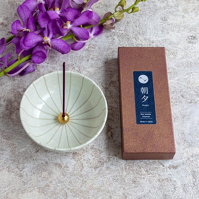 Asayu Japan Low Smoke Incense Gift Set with Incense Holder and Brass Stand, Premium Japan Set (Sakura & Green Tea) Incense Sticks with White Lotus Incense Holder - Bloomnest