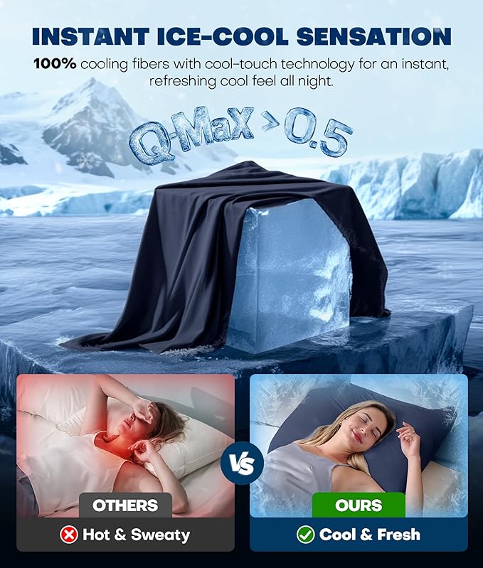 Ultra-Chill Cooling Pillowcase Set of 2 for Hot Sleepers, Softer Than Silk Pillow Cases for Protecting Hair & Skin, Breathable Bed Pillow Covers w/Zipper, Gifts for Women Men (Navy Blue, King) - Bloomnest
