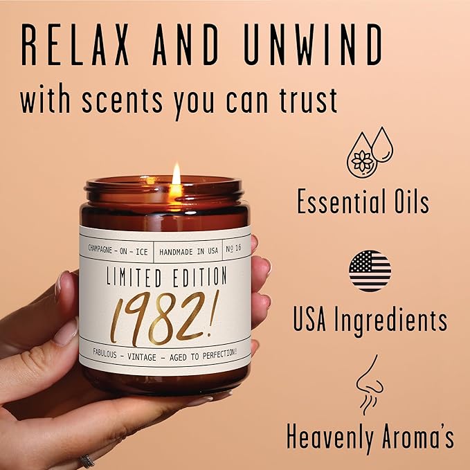 43rd Birthday Gifts for Women - 'Limited Edition 1982' Soy Candle, w/Champagne on Ice I 43 Birthday Gifts for Women I 43rd Gift for Her Ideas I 9oz Reusable Jar, 50Hr Burn, Made in USA - Bloomnest