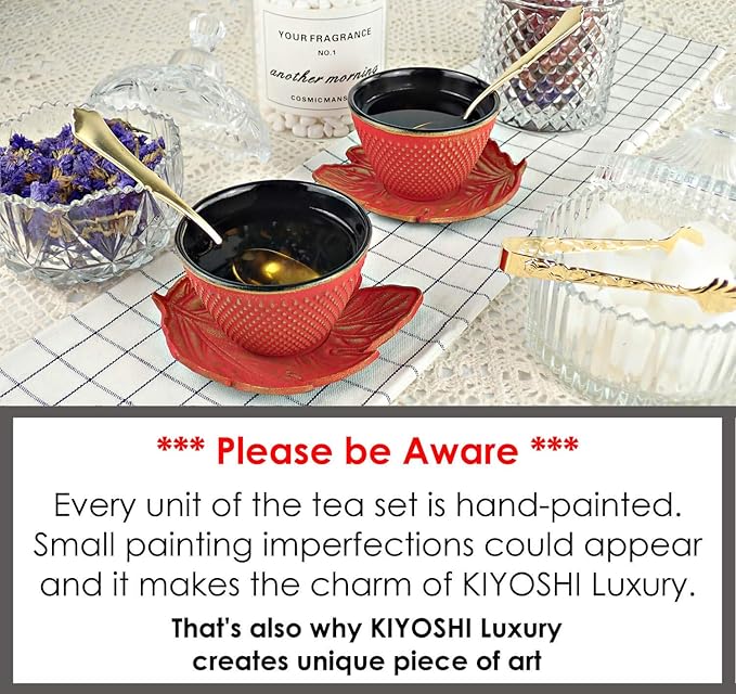 7PC Japanese Tea Set."Red Koi" Cast Iron Tea Pot with 2 Tea Cups, 2 Saucers, Tea Infuser and Teapot Trivet. Ceremonial Matcha Accessories