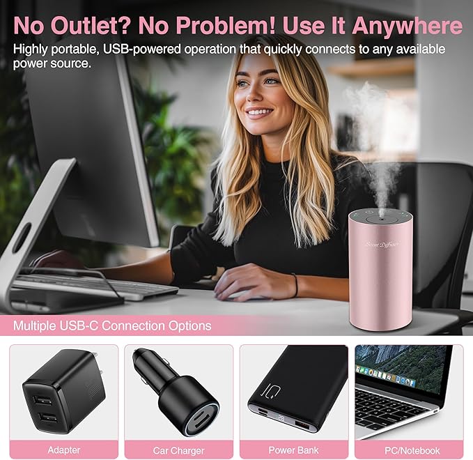 Waterless Essential Oil Diffuser Starter Kit - No Water Needed, Battery Operated Mini Scent Air Machine, Included 3x20ML Essential Oils, Portable Aromatherapy Diffuser for Home & Car & Office, Pink - Bloomnest