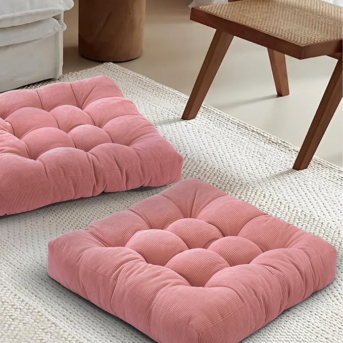 Floor Pillow Cushions for Adults Sitting Large Big Pillows for Floor Seating Square Memory Foam Thick Tufted, 22 x 22 Inch, Set of 2, Pink - Bloomnest