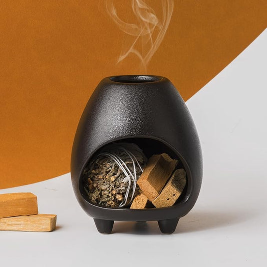 Palo Santo Holder Burner, Handcrafted Ceramic Incense Holder Burner and Ash Catcher for Palo Santo Sticks or sage Bundles, Smudge Bowl, Meditation Home Decor (Black) - Bloomnest
