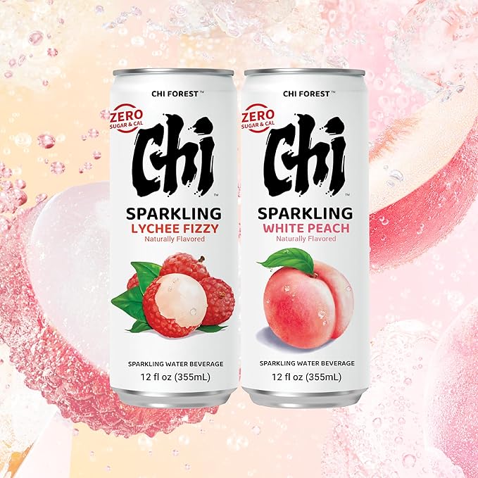 CHI FOREST Sparkling Water Beverage, Lychee & White Peach, 2 Flavors, Zero Sugar, 12 fl oz Cans (Pack of 24) - Bloomnest