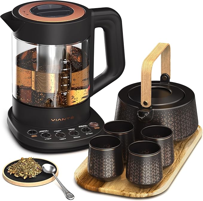 Vianté Luxury Tea Set. Electric Kettle with Infuser for Loose Leaf And Ceramic Serving Set. Teapot and Cup Set with Wooden Tray. Excellent Gift Idea For Tea Lovers. - Bloomnest