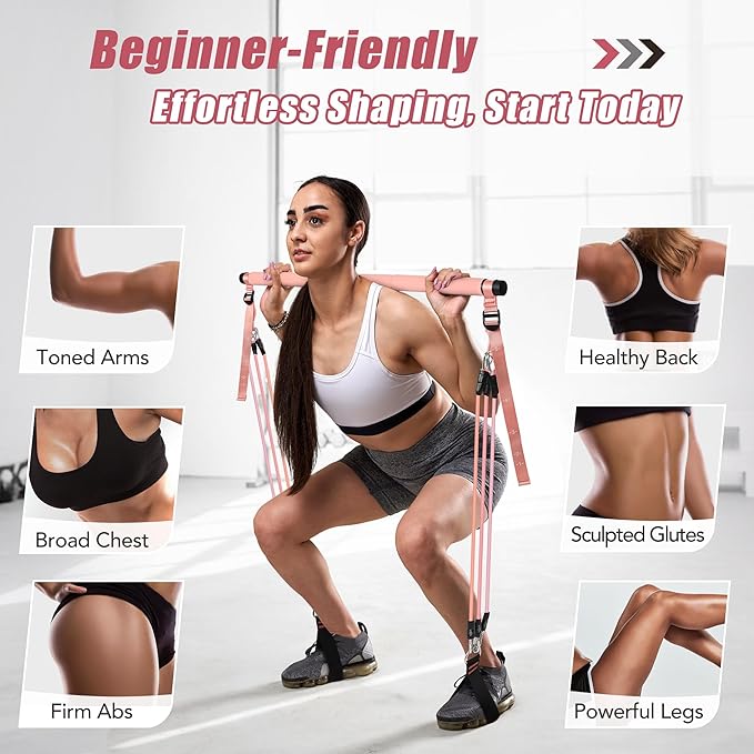 Upgraded Pilates Bar Kit with Resistance Bands Natural Latex for Women & Men, Heavy-Duty Stainless Steel Multifunctional Yoga Pilates Stick for Home Gym Exercise Fitness Equipment Full-Body Workouts - Bloomnest