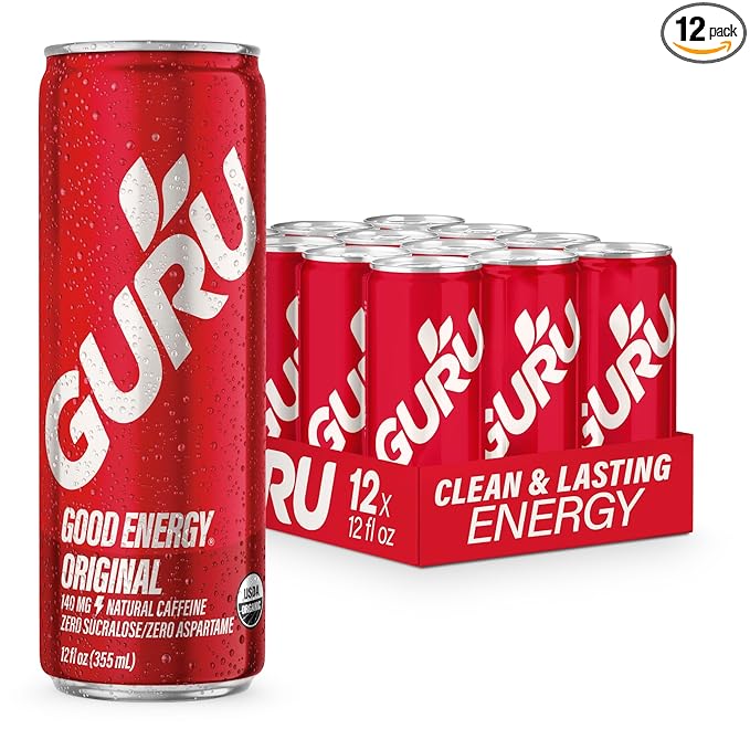 GURU Original Organic Energy Drinks, Clean Energy Drink with Plant Based Natural Caffeine from Green Tea, Gluten Free and Vegan, 140MG Caffeine, Healthy Drinks, 12oz (Pack of 12) - Bloomnest