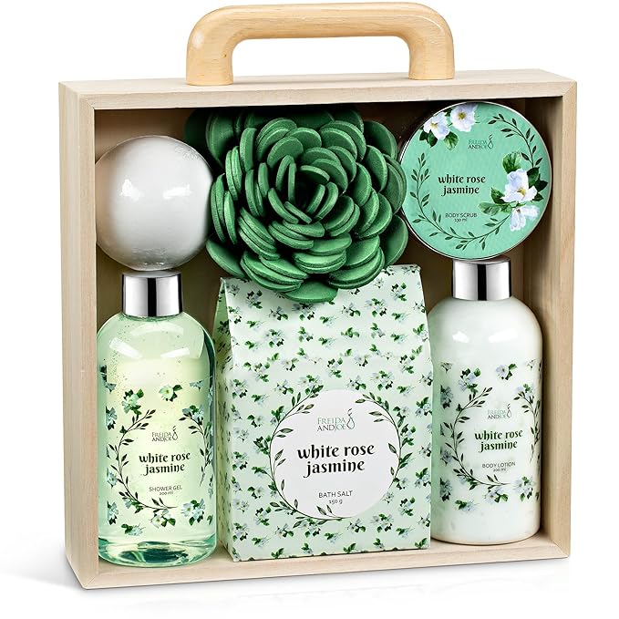 Deluxe White Rose Jasmine Spa Basket Home Spa Set with Shower Gel, Body Lotion, Bath Salts, Body Scrub, Bath Bomb and Bath Puff in Wooden Curio Valentines Gift