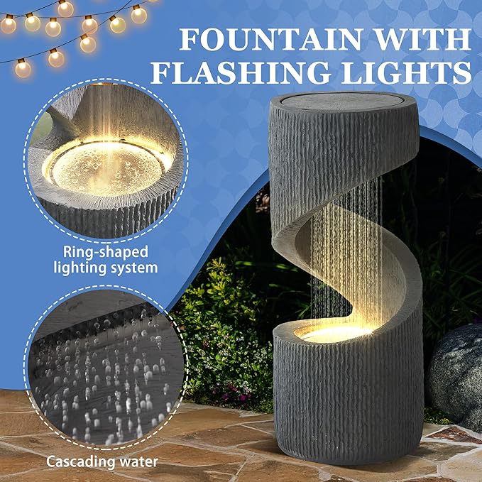 31.9" Outdoor Garden Water Fountain, S-Shaped Cascading Fountains and Waterfalls with LED Lights & Splash-Proof Net, Indoor/Outdoor Floor Standing Water Feature for Patio, Backyard, Home Decor - Bloomnest