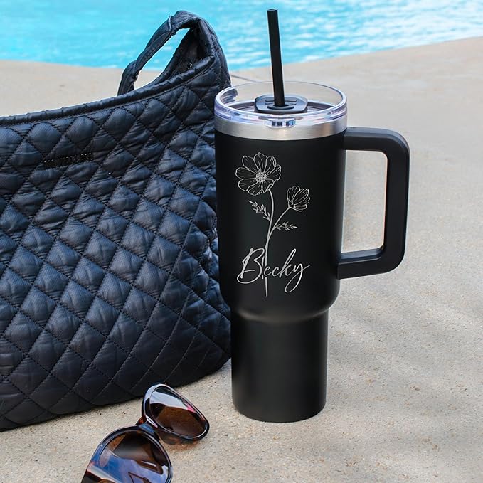 40 Oz Insulated Tumbler with Handle and Straw - Personalized Name and Birth Month Flower Stainless Steel Mug - Birthday Gifts for Women, Black - Bloomnest