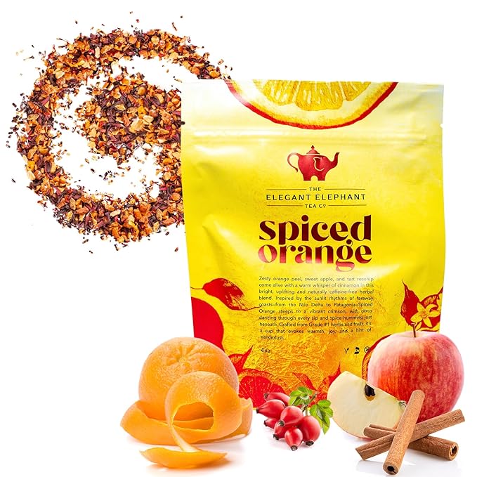 Spiced Orange Tea, Loose Leaf Herbal Tea – Sweet, Spicy, Caffeine-Free – Orange, Apple & Cinnamon Spice – Drink Hot or Iced – 4 oz Resealable Bag (Makes 50 Cups) – The Elegant Elephant - Bloomnest