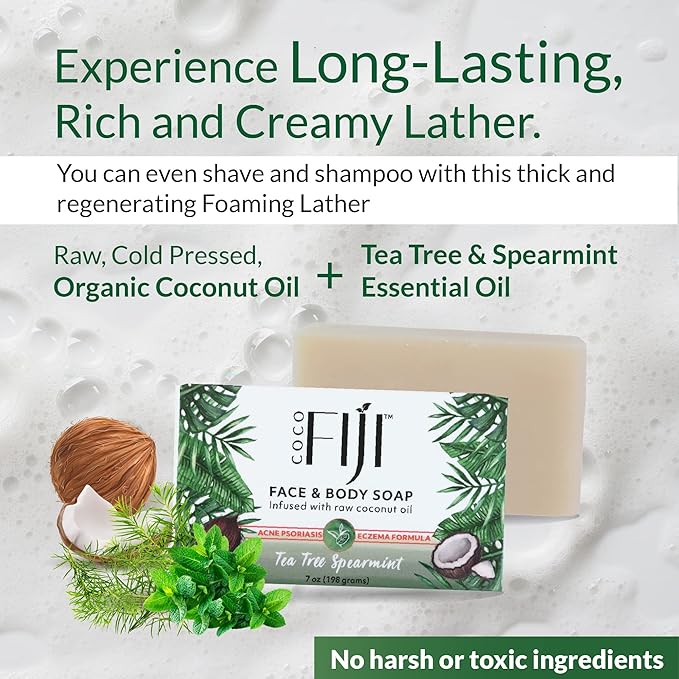 Coco Fiji Soap Bar for Face and Body Infused With Organic Coconut Oil, Tea Tree Spearmint, Essential Oil, Natural Soap for Moisturizing & Pore Purifying Skin, 7 oz,Pack of 12